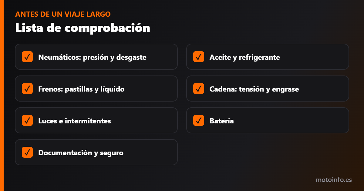 Lista de comprobación antes de un viaje largo en moto